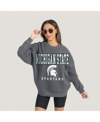Women's Heather Charcoal Michigan State Spartans Oversized Distressed Fleece Pullover Sweatshirt