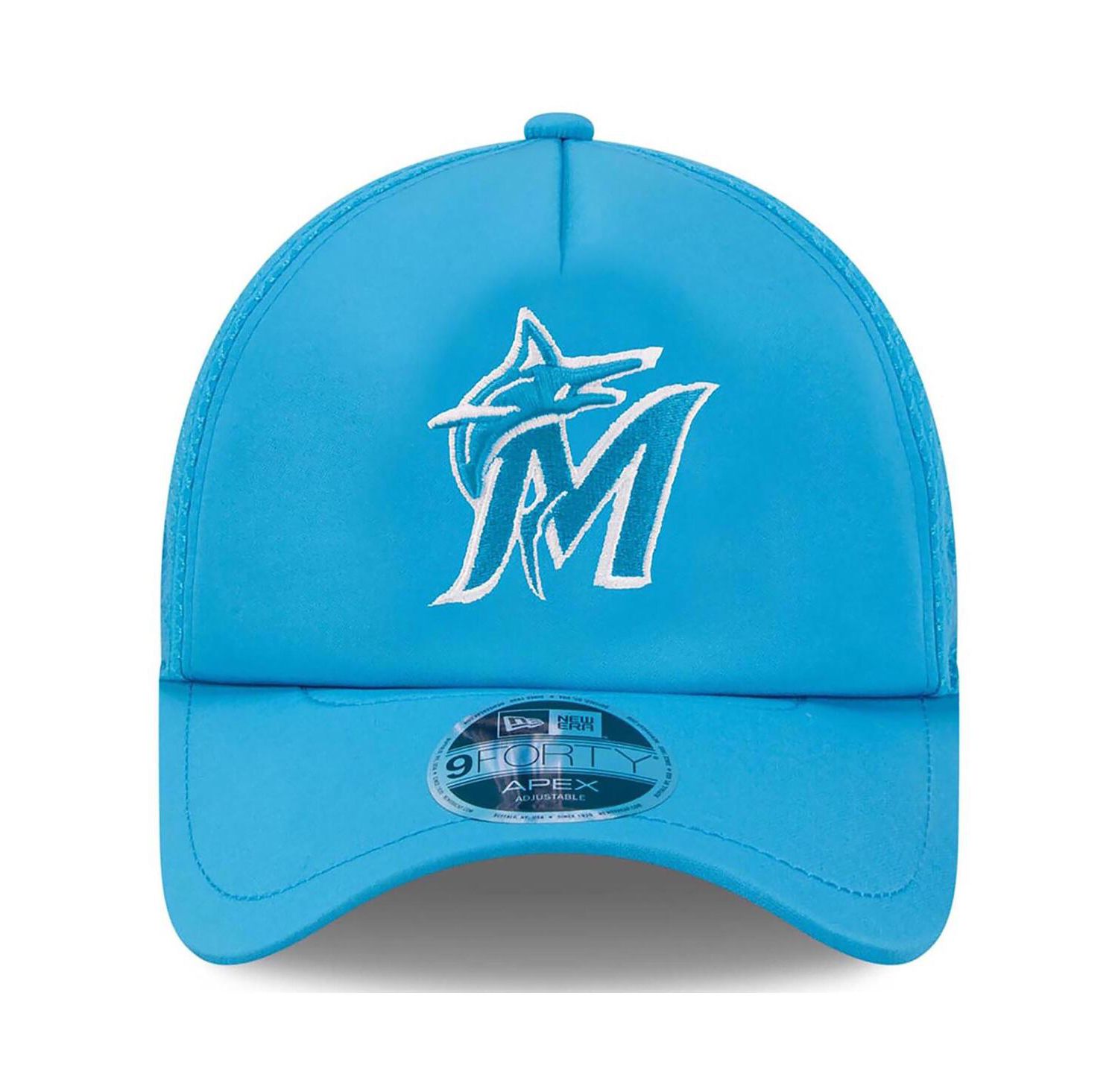 Men's Blue Miami Marlins 2026 Batting Practice Apex 9FORTY Adjustable Trucker Hat