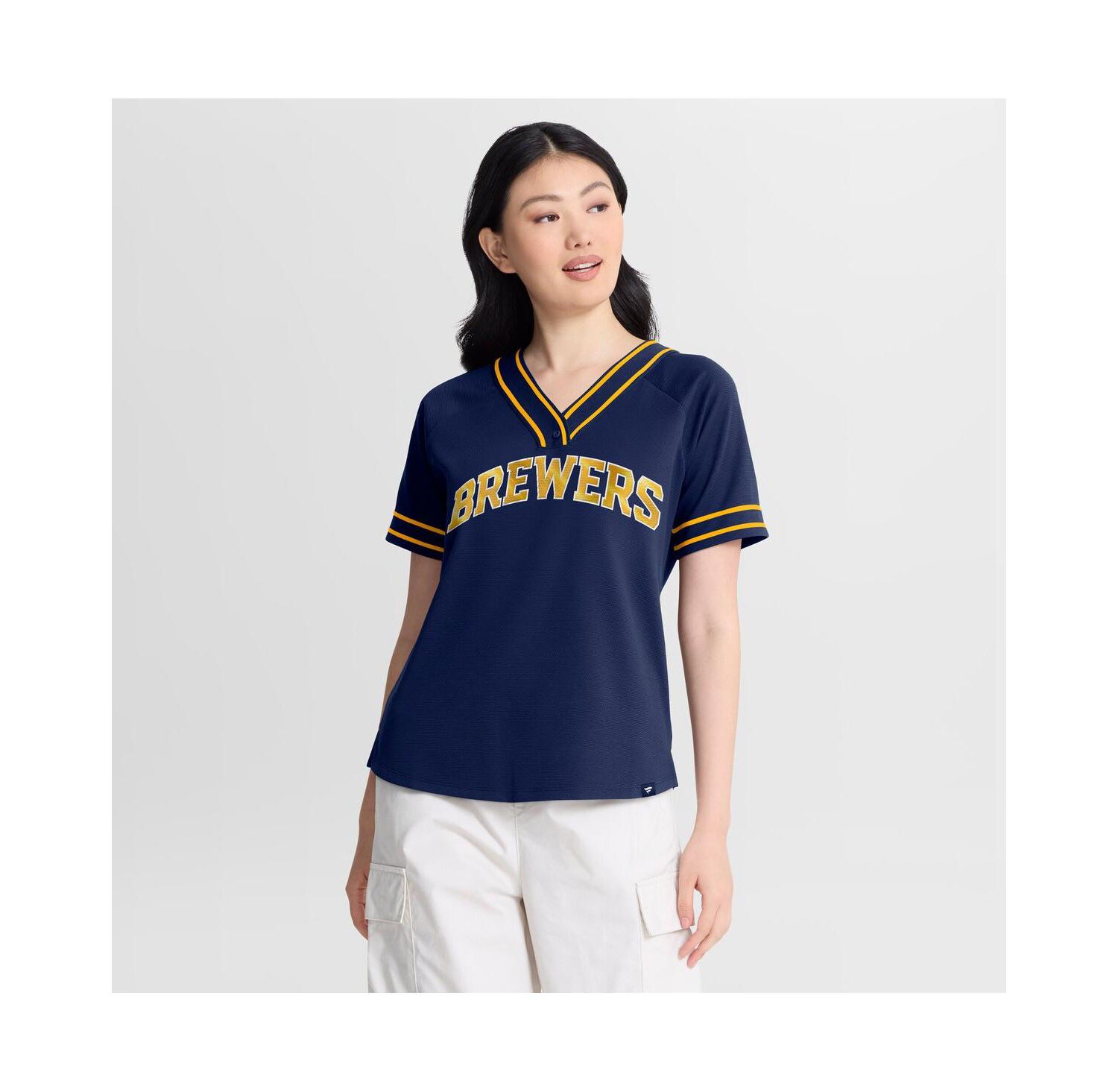 Women's Navy Milwaukee Brewers Diva Race Ahead Raglan V-Neck T-Shirt