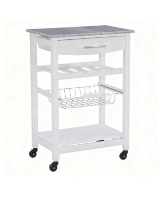 Granite top pine kitchen storage cart with casters and drawers