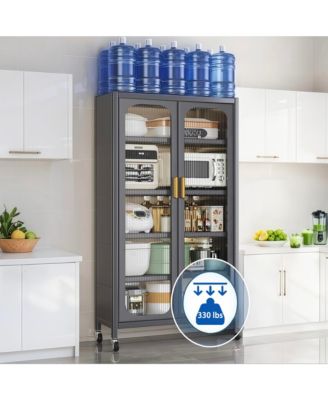 5 Tier Metal Display Storage Cabinet with Transparent Door, Adjustable Shelves and Wheels, Food Pantries Cabinets for Kitchen