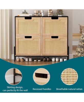 Narrow Shoe Cabinet with 4 Flip Down Doors Rattan Organizer Freestanding Shoe Rack Adjustable Shelf