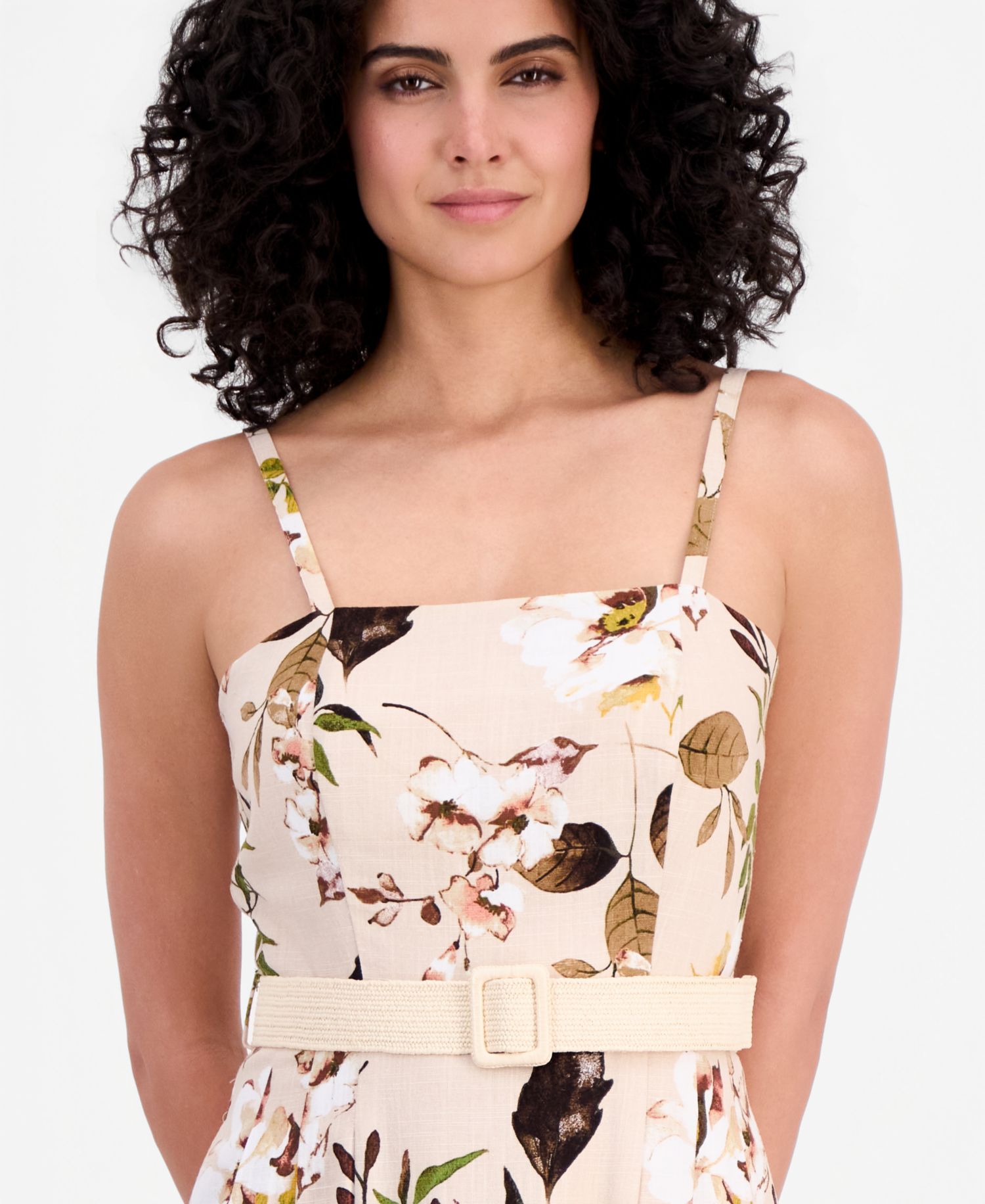 Women's Printed Belted Sleeveless Linen Blend Dress