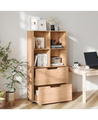 Tall Freestanding Bookcase with Drawers and Open Shelves