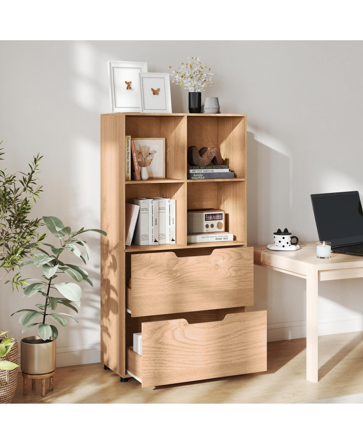 Sugift Tall Freestanding Bookcase with Drawers and Open Shelves