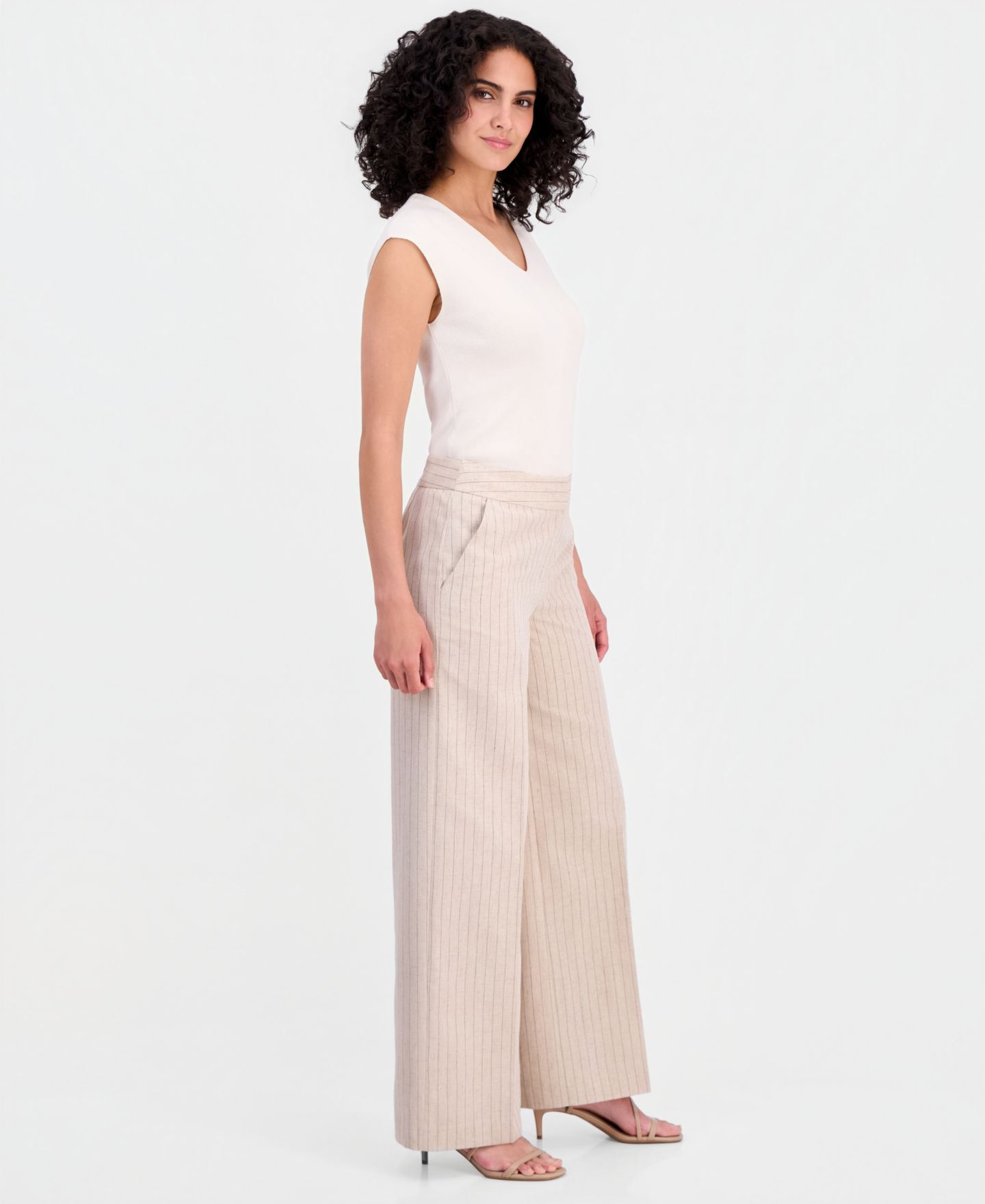 Женские брюки Tahari ASL Pinstripe Wide-Leg Linen Blend Pant, цвет: Дюнный тёмно-коричневый — фото 2
