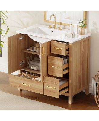36 Inch Bathroom Vanity with Ceramic Sink, Solid Wood & MDF, 4 Soft Close Drawers, Ample Storage for Small Spaces