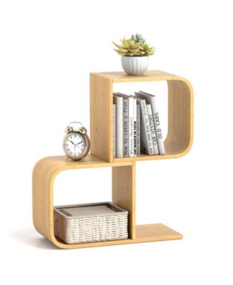 2-Tier S-Shaped Bamboo Bookcase with 2 Open Cubes for Living Room