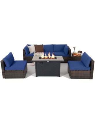 7PCS Patio Rattan Furniture Set Fire Pit Table Cover Cushion