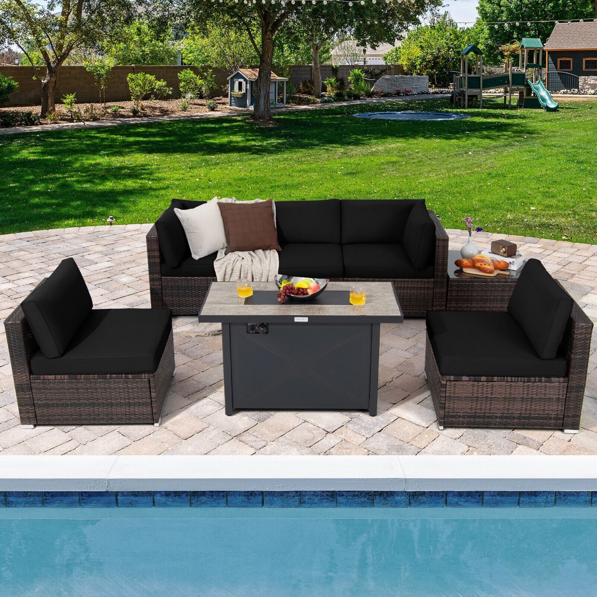 Gymax 7PCS Patio Rattan Furniture Set Fire Pit Table Cover Cushion Off White