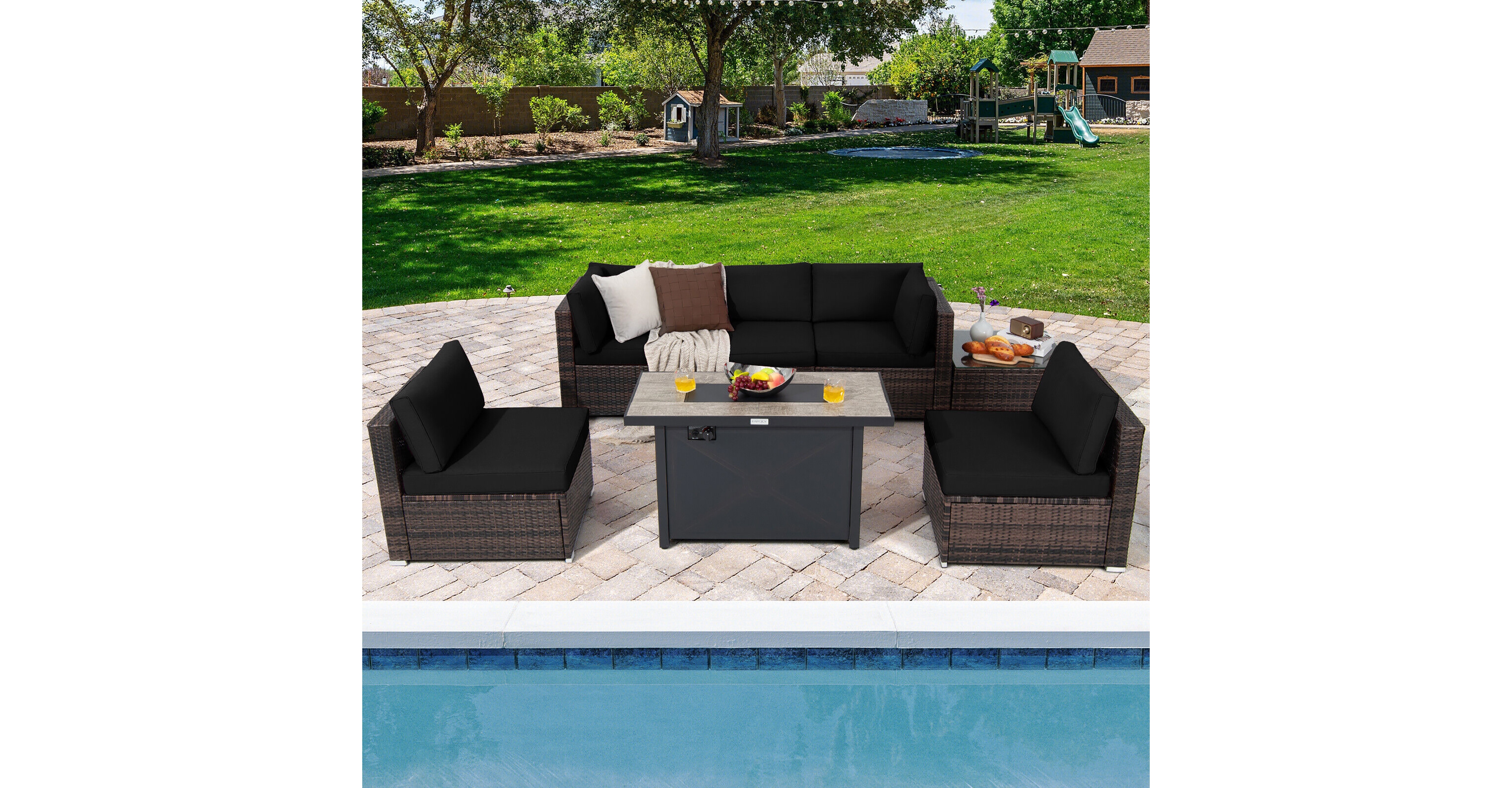 Gymax 7PCS Patio Rattan Furniture Set Fire Pit Table Cover Cushion Off White