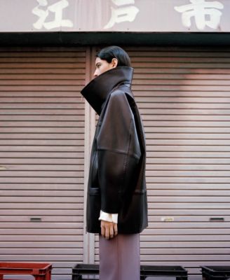 Women's Oversized Funnel-Neck Leather Coat