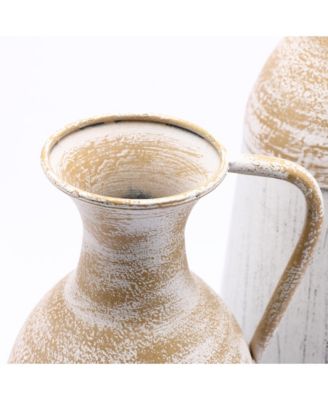 Set of 2 Distressed Off White and Rustic Brown Metal Pitcher Vase