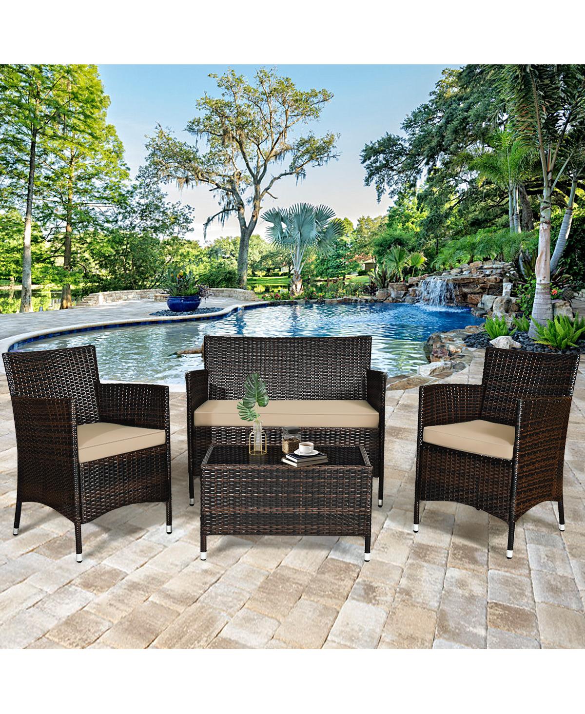Gymax 8PCS Patio Rattan Conversation Furniture Set Outdoor w/ Cushion