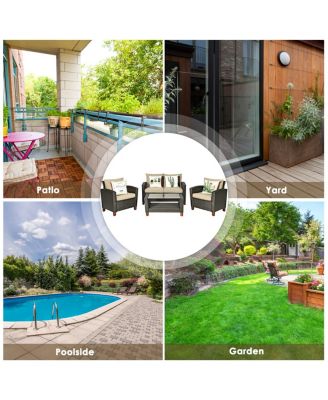 4PCS Cushioned Rattan Conversation Set w/ Coffee Table Patio Outdoor