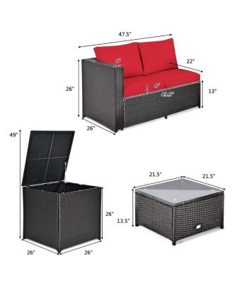 4PCS Cushioned Rattan Patio Conversation Set w/ Side Table Cushion