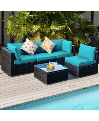 5PCS Rattan Patio Conversation Set Sofa Furniture Set w/ Cushions