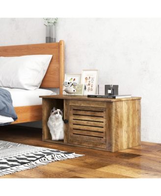 Cat Litter Box Enclosure w/ Winding Entry Louvered Door Wooden Pet Side Table