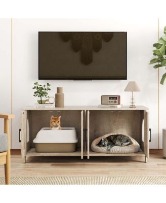 Cat Litter Box Enclosure for 2 Cats w/ Double Rooms Wooden Cat Washroom Cabinet