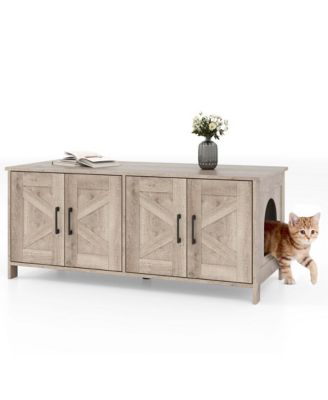 Cat Litter Box Enclosure for 2 Cats w/ Double Rooms Wooden Cat Washroom Cabinet