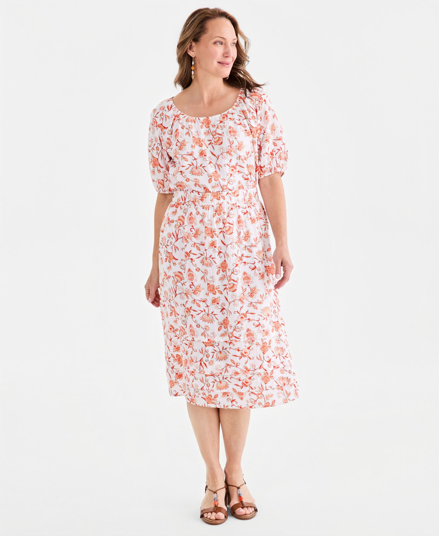 Women's Printed Cotton Gauze Pull-On Midi Skirt