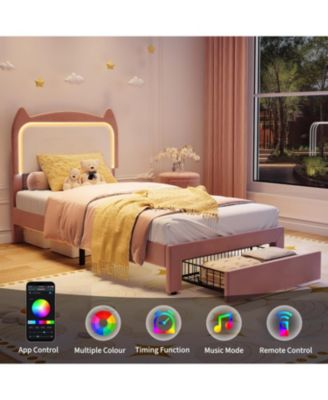 Twin Upholstered LED Bed Frame with Storage Drawer and Cat Headboard, Velvet Princess Platform Bed for Kids