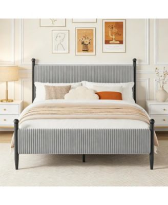 Full Bed Frame with Velvet Headboard, Upholstered Corduroy Platform, Wood Slats Support