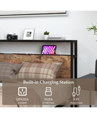 Industrial Platform Bed Frame with Charging Station Storage Headboard