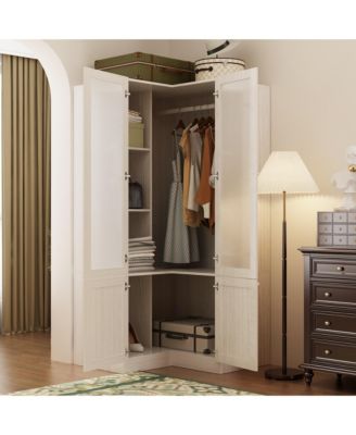 Corner Wardrobe Closet with 2 Glass Doors, Armoire with Hanging Rod