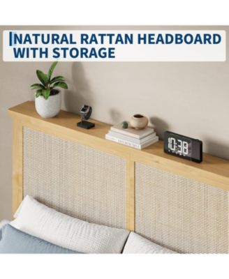 Queen Rattan Bed Frame With LED Headboard and Rattan Strong Wood Platform Silent Slats Storage No Box Spring