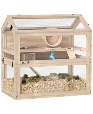 Wooden Hamster Cage, 3-Tier Small Animal Cage with Hut, Seesaw, Ramps