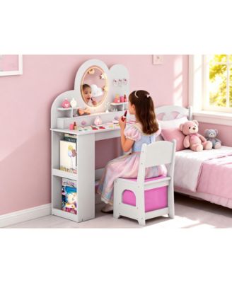 Kids Vanity Table and Chair Set with Lights Drawers Bookshelf