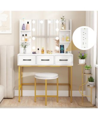 Vanity Desk with Mirror Lights and Cushioned Stool Set