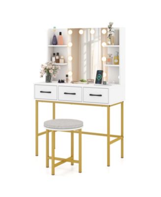 Vanity Desk with Mirror Lights and Cushioned Stool Set