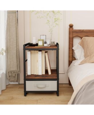 Industrial Nightstand with Fabric Drawer and Open Storage Shelf