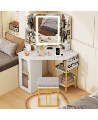 Corner Vanity Desk with Triple Mirror and Lights
