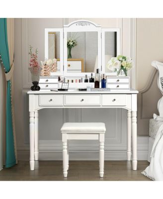 Makeup Dressing Table with Tri Folding Mirror and Stool
