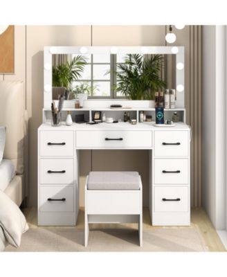 Vanity Desk with Mirror Lights and Power Outlets