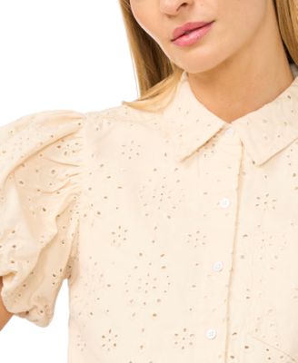 Women's Collared Puff-Sleeve Cotton Shirt