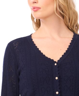 Women's V-Neck Pointelle Cotton Cardigan Sweater