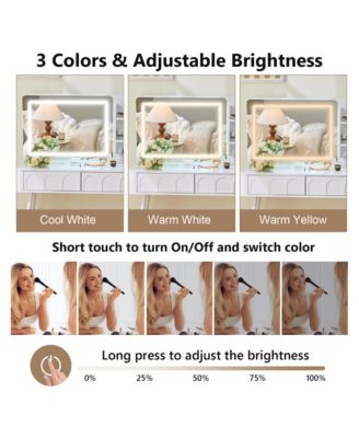 Modern Makeup Vanity Desk - 4 Drawer Dressing Table Set with Cushioned Stool, LED Lighted Mirror for Bedroom