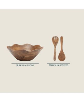 Sandhurst 3-Piece Acacia Wood Salad Bowl Set – 12-Inch Scalloped Serving Bowl with Wooden Salad Servers
