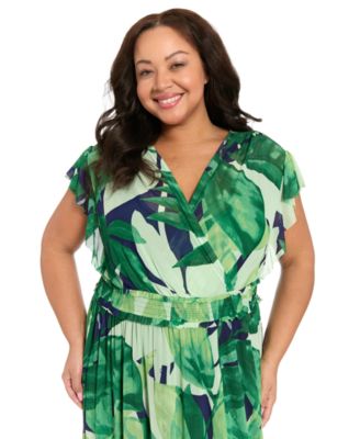 Plus Size Flutter-Sleeve Surplice Neck Tiered Maxi Dress