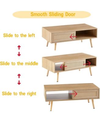 41.34" Rattan Coffee Table, Rectangle Wooden Center Tables with Sliding Door and Solid Wood Legs for Living Room, Home Office