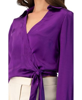 Women's Wrap Satin Blouse with Tie Detail