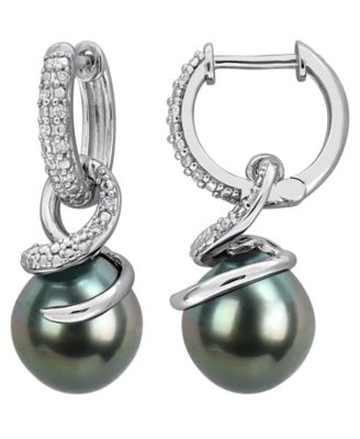Cultured Tahitian Pearl and Diamond (1/10 ct. t.w.) Drop Earrings in Sterling Silver