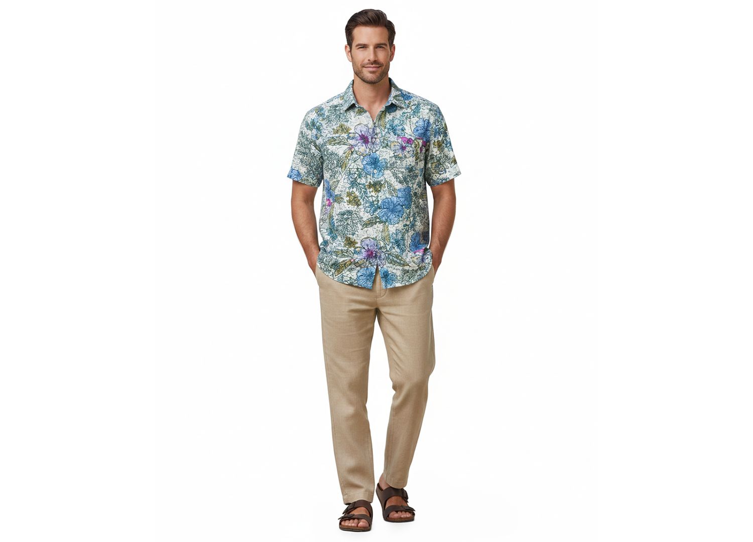 Men's Sand Linen Al Fresco Blooms Short-Sleeve Shirt