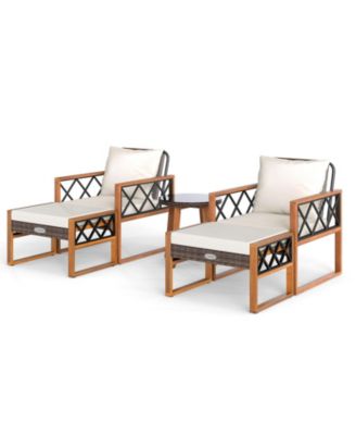 5 PCS PE Rattan Conversation Set w/Acacia Wood Table Chairs w/Ottomans Outdoor