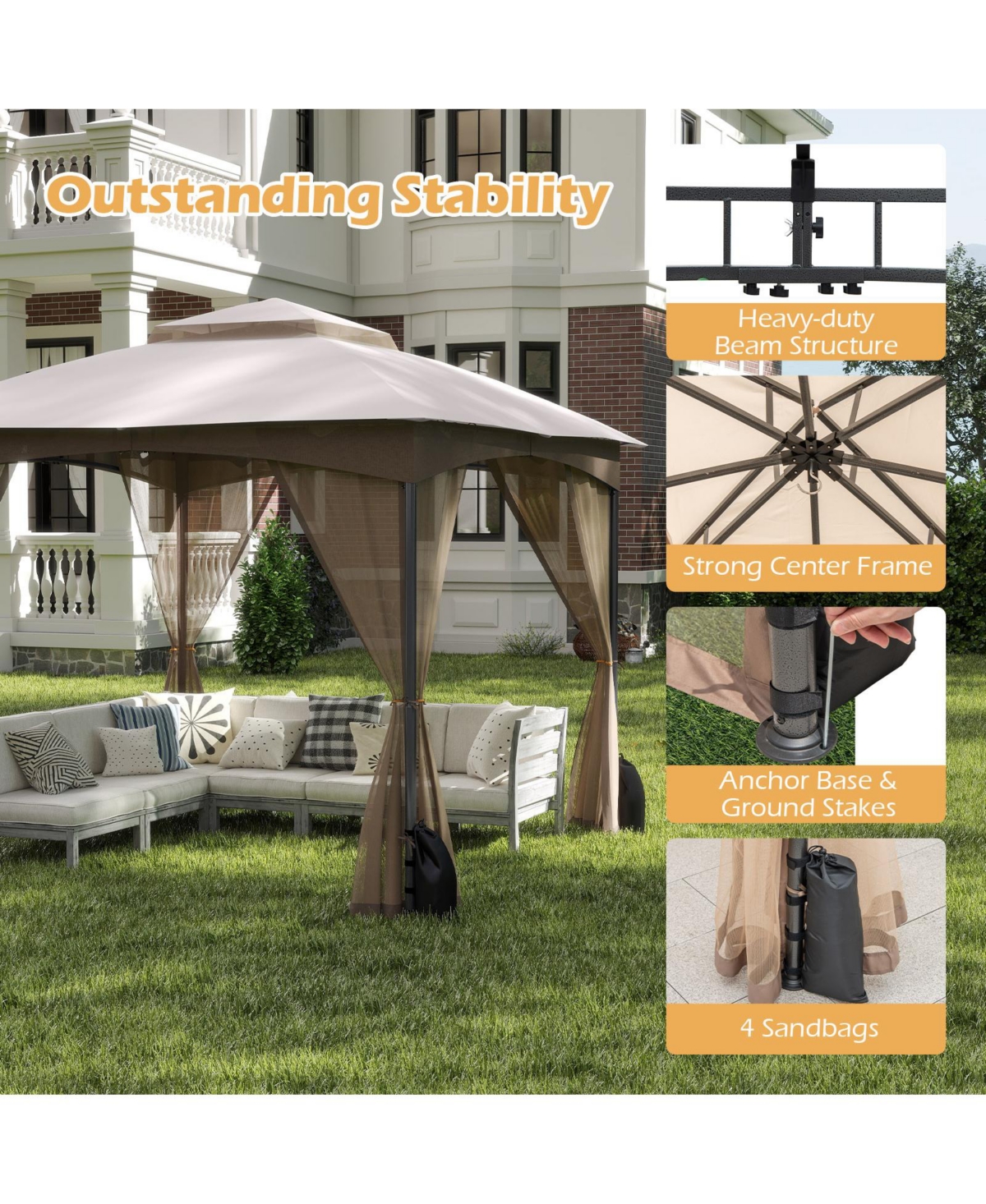 Gymax 10 X 10 Ft Patio Gazebo w/ Netting Walls Soft Top Double Roof Canopy w/ 4 Sandbags Outdoor