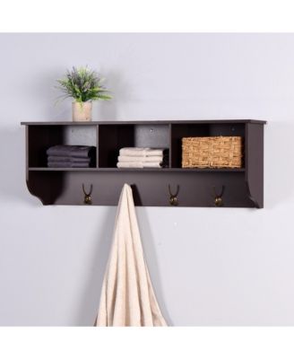 Wall Mounted Coat Rack - Wooden Storage Shelf with 4 Dual Hooks and 3 Shelves for Living Room